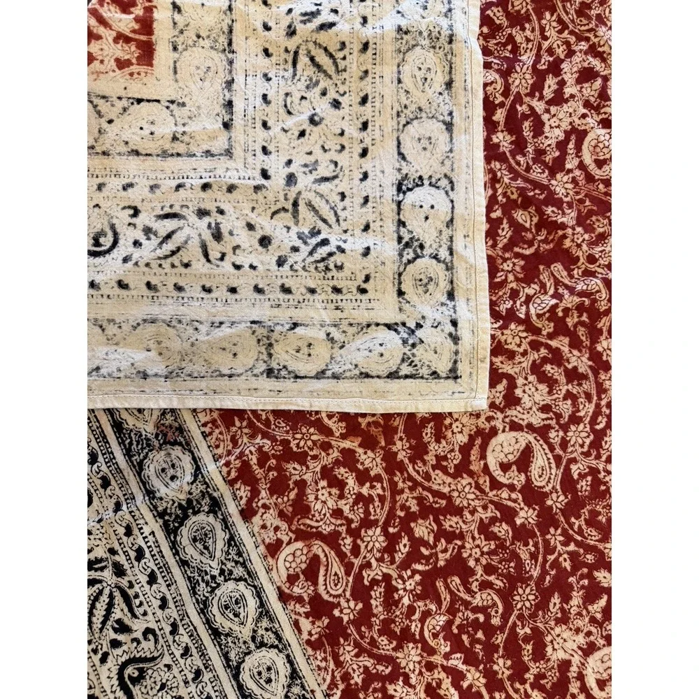 Vintage Indian Block Print Floral Tablecloth Border Black Burgundy Square 44